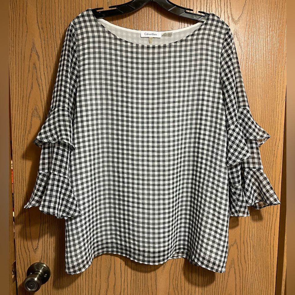 Calvin Klein Black and White Gingham Ruffle Sleeve Blouse